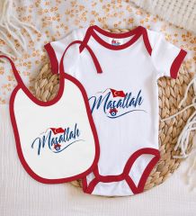 BK Kids Maşallah Tasarımlı Kırmızı Bebek Body Zıbın ve Mama Önlüğü Hediye Seti-3