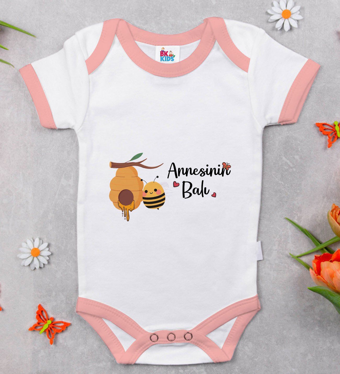 BK Kids Annesinin Balı Tasarımlı Pembe Bebek Body Zıbın-1