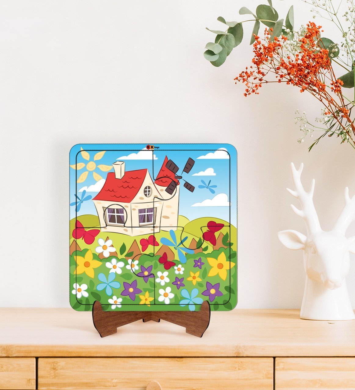 BK Toys Çocuklar İçin 2 si 1 arada Eğitici-Öğretici Ahşap 4 Parça Yapboz Puzzle Çerçeve Model 50