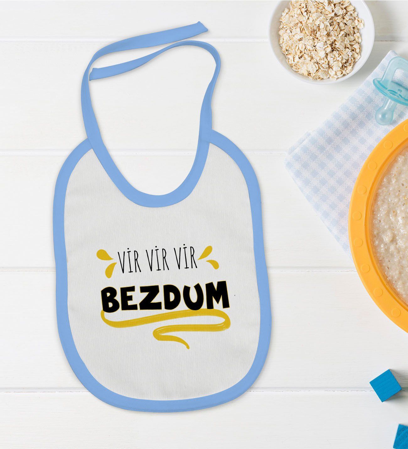 BK Kids Bezdum Tasarımlı Mavi Bebek Mama Önlüğü-5