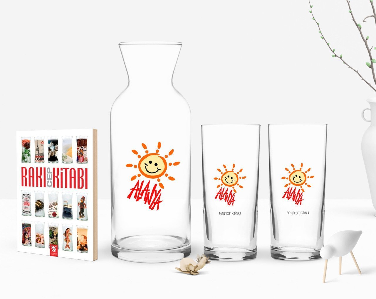 Kişiye Özel Renkli Baskılı Alanya Tasarımlı Turistik İkili Rakı Bardağı Karaf ve Cep Kitabı Hediye Seti-1
