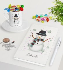 Kişiye Özel Kardan Adam Beyaz Defter Kalem Türk Kahvesi Fincanı ve Haribo Şeker Hediye Seti-1