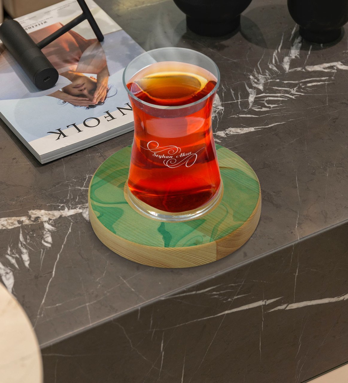 Kişiye Özel Mermer Tasarımlı Doğal Ahşap Tabaklı Heybeli Çay Bardağı Model 1
