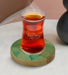 Kişiye Özel Mermer Tasarımlı Doğal Ahşap Tabaklı Heybeli Çay Bardağı Model 1
