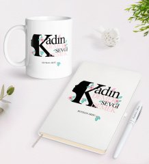 Kişiye Özel Kadınlar Günü Sevgi Tasarımlı Beyaz Defter Kalem ve Kupa Seti-4