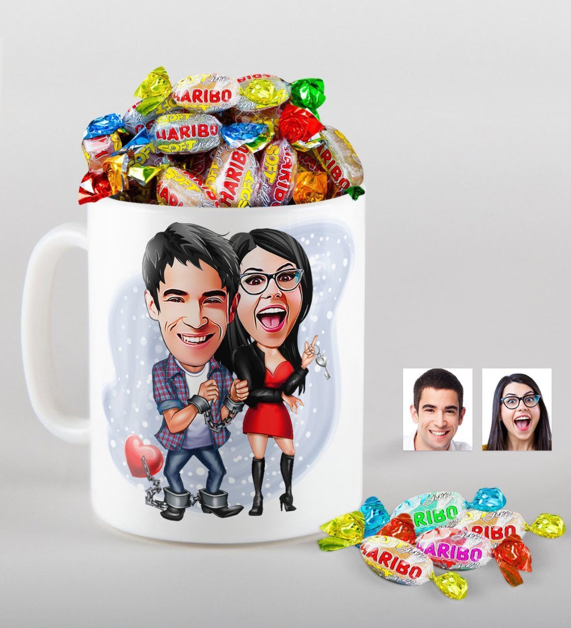 Kişiye Özel Sevgililer Karikatürlü Kupa ve Haribo Şeker Hediye Seti-1