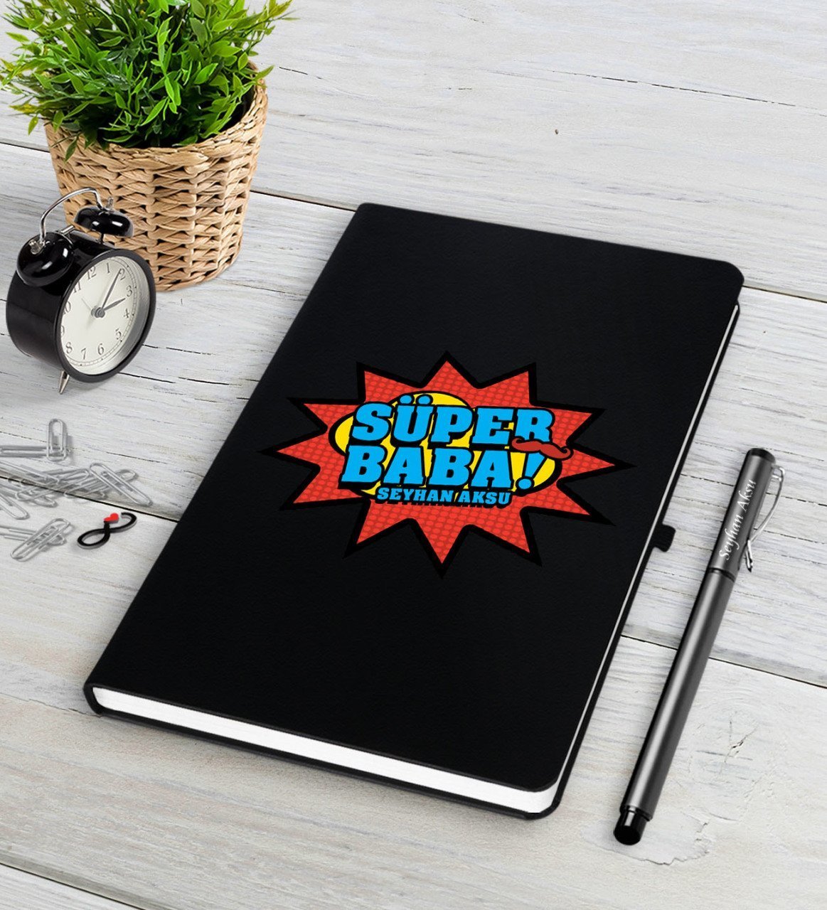 Kişiye Özel Süper Baba Siyah Defter Kalem Seti-2