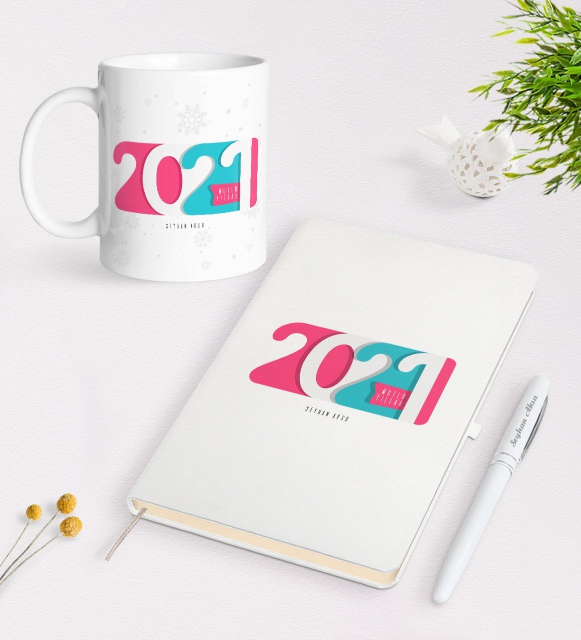 Kişiye Özel 2023 Mutlu Yıllar Beyaz Defter Kalem ve Kupa Seti-6