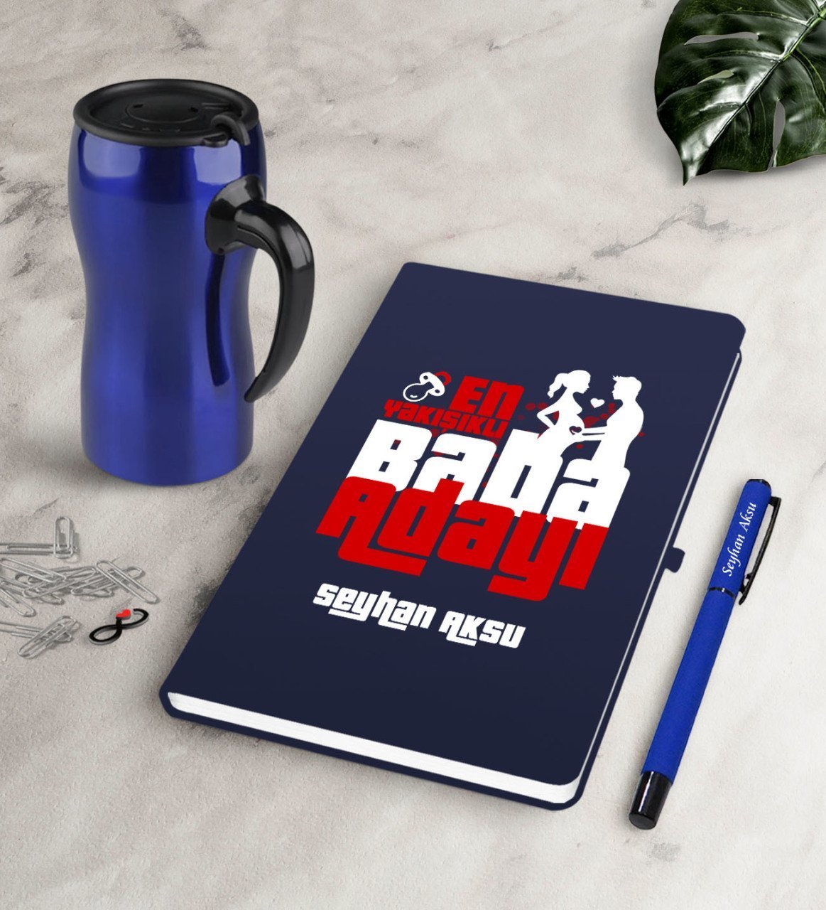 Kişiye Özel En Yakışıklı Baba Adayı Lacivert Defter Kalem Termos Mug Seti