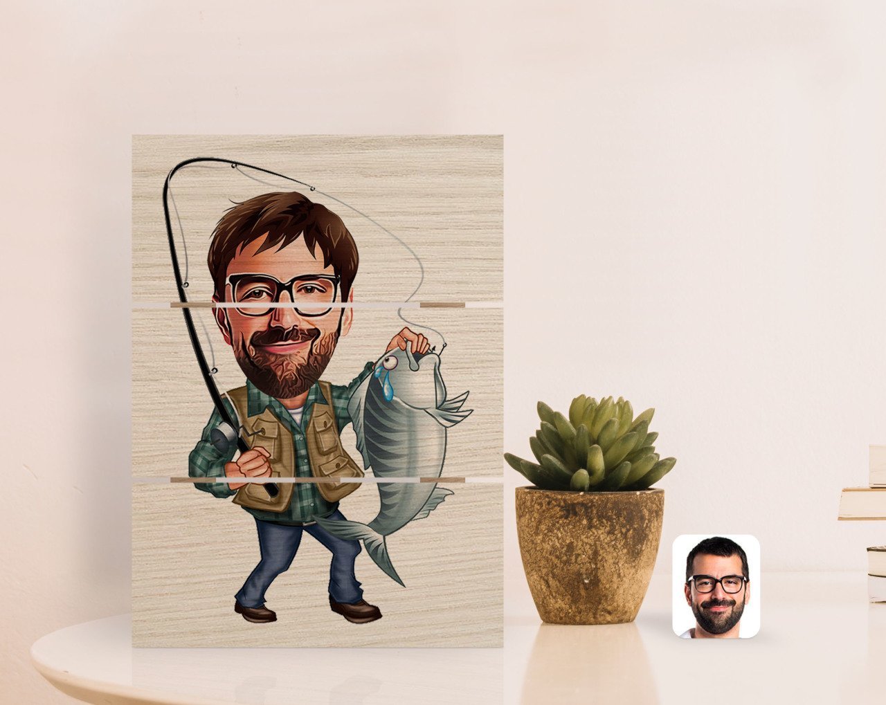 Kişiye Özel Erkek Balıkçı Karikatürlü Otantik Masaüstü Ahşap Palet Çerçeve-1