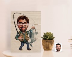 Kişiye Özel Erkek Balıkçı Karikatürlü Otantik Masaüstü Ahşap Palet Çerçeve-1