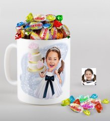 Kişiye Özel Kız Çocuk Doğum Günü Karikatürlü Kupa ve Haribo Şeker Hediye Seti-2