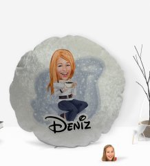 Kişiye Özel İsimli Kadın Karikatürlü Yuvarlak Dekoratif Kırlent Yastık-101