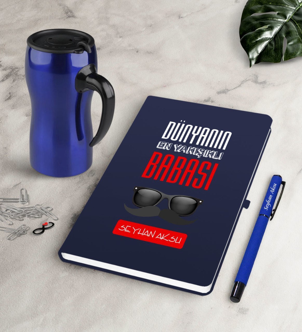 Kişiye Özel Dünyanın En Yakışıklı Babası Lacivert Defter Kalem Termos Mug Seti-2