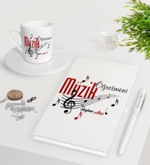 Kişiye Özel Müzik Öğretmeni Beyaz Defter Kalem Türk Kahvesi Fincanı Seti