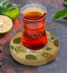 Kişiye Özel Kivi Tasarımlı Doğal Ahşap Tabaklı Heybeli Çay Bardağı Model 1