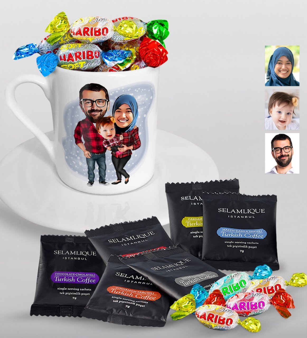 Kişiye Özel Tesettürlü Aile Karikatürlü Türk Kahvesi Fincanı Selamlique Karışık Türk Kahvesi ve Haribo Şeker Hediye Seti-2