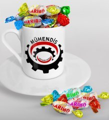 Kişiye Özel Mühendis Türk Kahvesi Fincanı ve Haribo Şeker Hediye Seti-3
