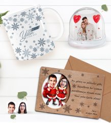 Kişiye Özel Fotoğraflı Kar Küresi & Mutlu Yıllar Kupa Bardak & Retro Ahşap Yılbaşı Tebrik Kartı Hediye Seti-7E