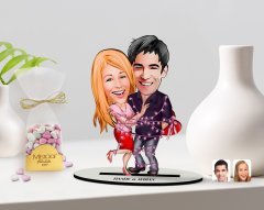 Kişiye Özel Sevgililer Karikatürlü 3D Ahşap Biblo ve Çikolatalı Kalp Bonbon Draje Hediye Seti-2