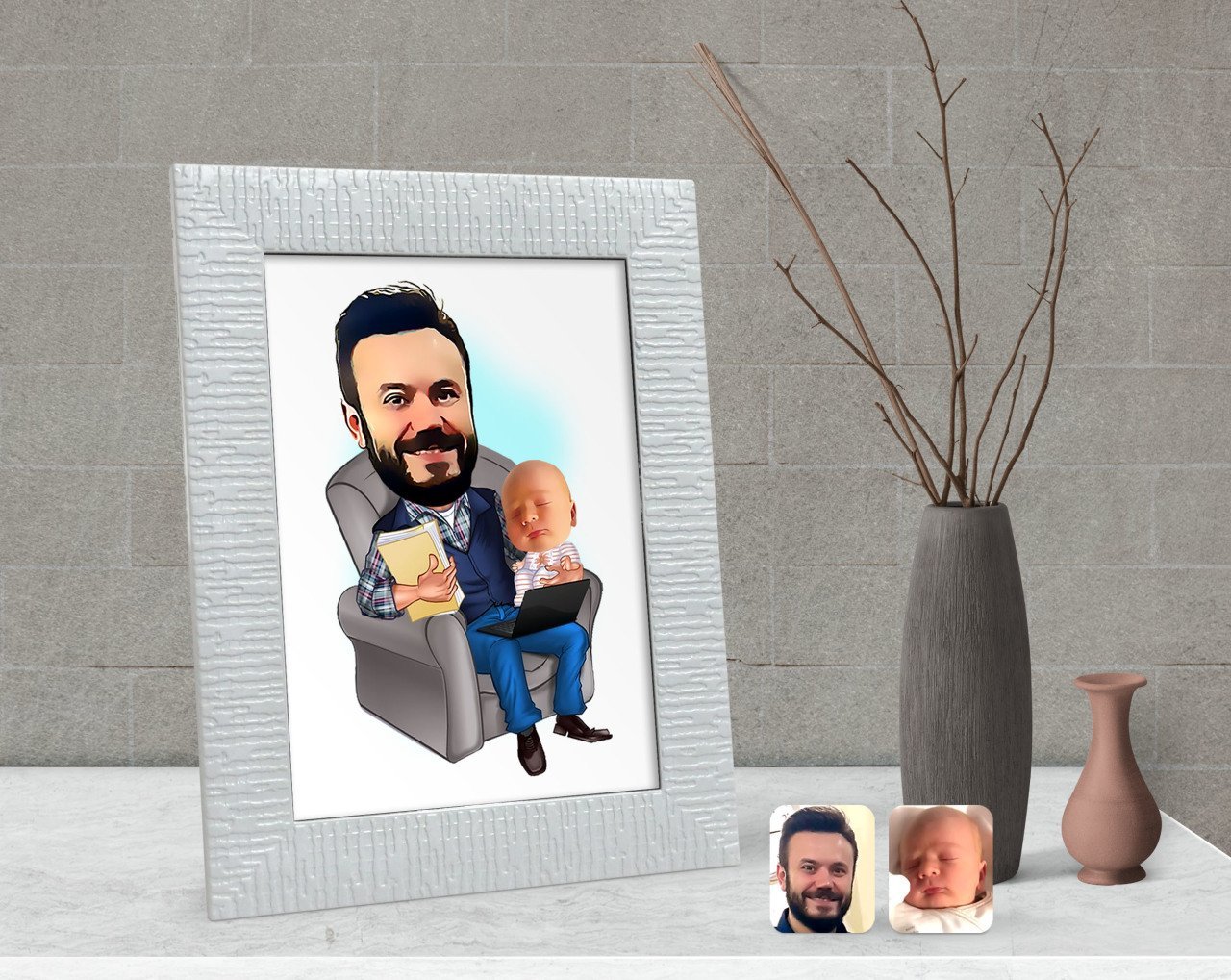 Kişiye Özel Baba Oğul Karikatürlü Dekoratif Çerçeve-1