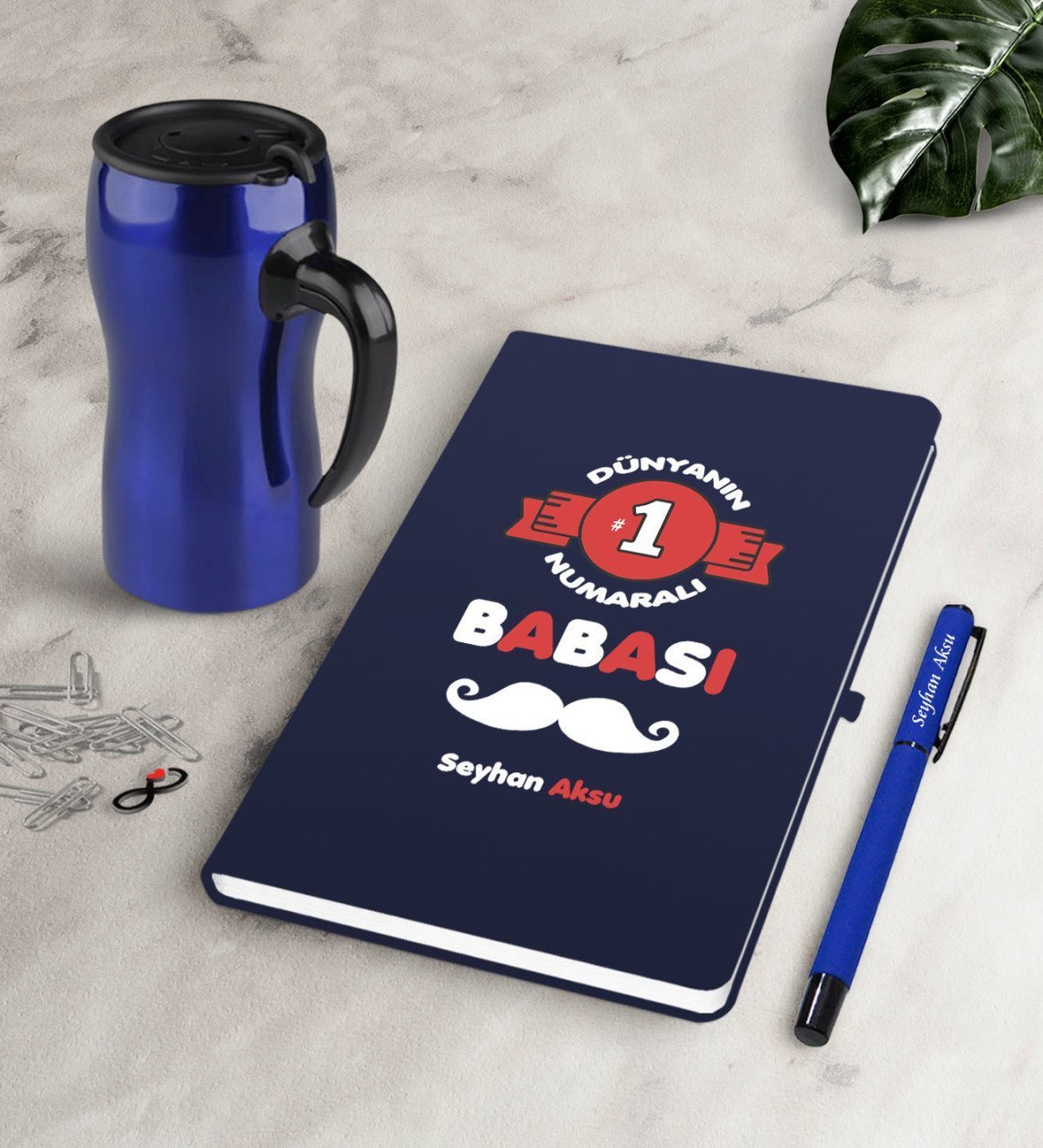 Kişiye Özel Dünyanın 1 Numaralı Babası Lacivert Defter Kalem Termos Mug Seti