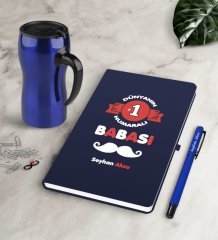 Kişiye Özel Dünyanın 1 Numaralı Babası Lacivert Defter Kalem Termos Mug Seti