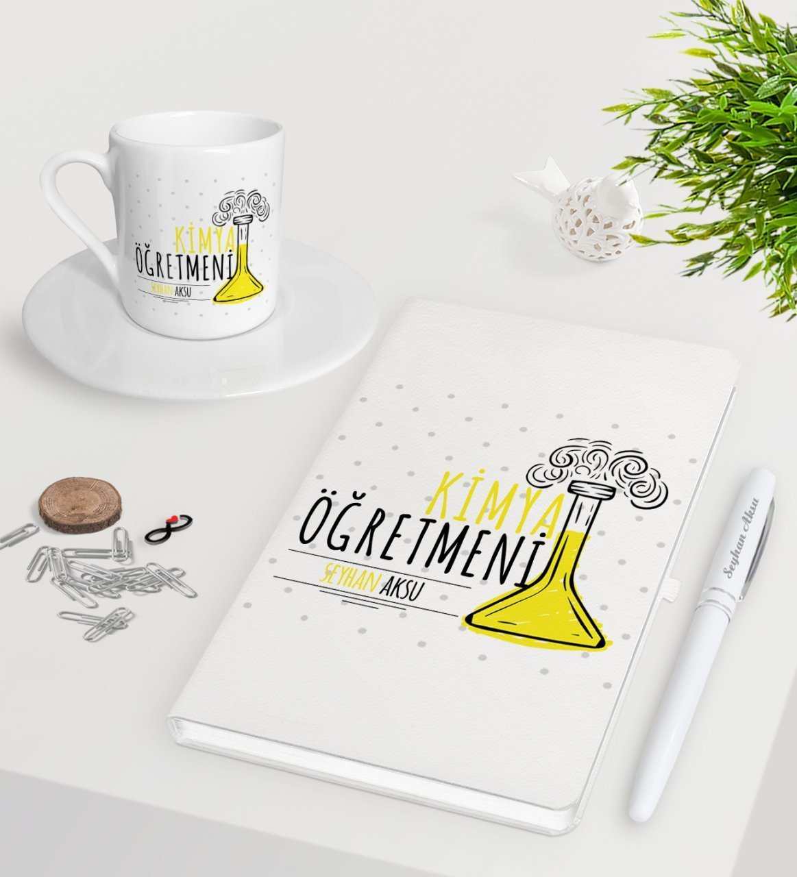Kişiye Özel Kimya Öğretmeni Beyaz Defter Kalem Türk Kahvesi Fincanı Seti-5