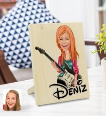 Kişiye Özel İsimli Kadın Gitarist Karikatürlü Dekoratif Ahşap Çerçeve Model 1