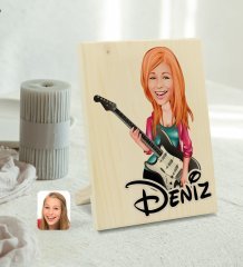 Kişiye Özel İsimli Kadın Gitarist Karikatürlü Dekoratif Ahşap Çerçeve Model 1