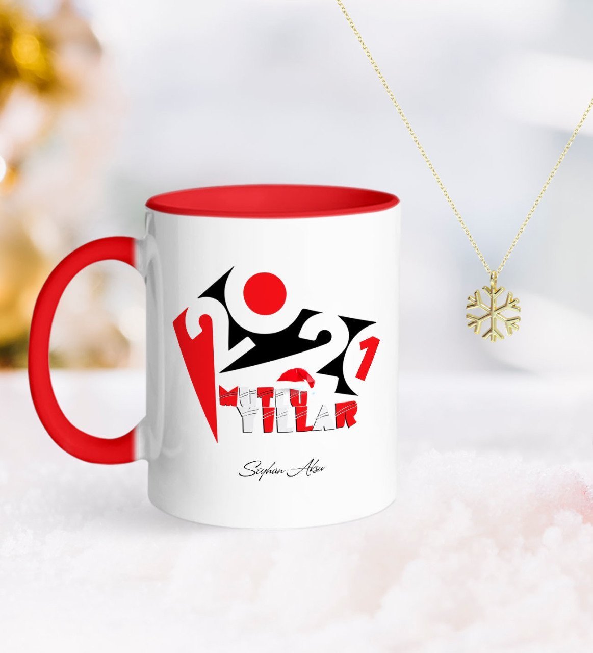 BK Gift Kişiye Özel 2023 Mutlu Yıllar Kırmızı Kupa ve Kar Tanesi Kolye-13