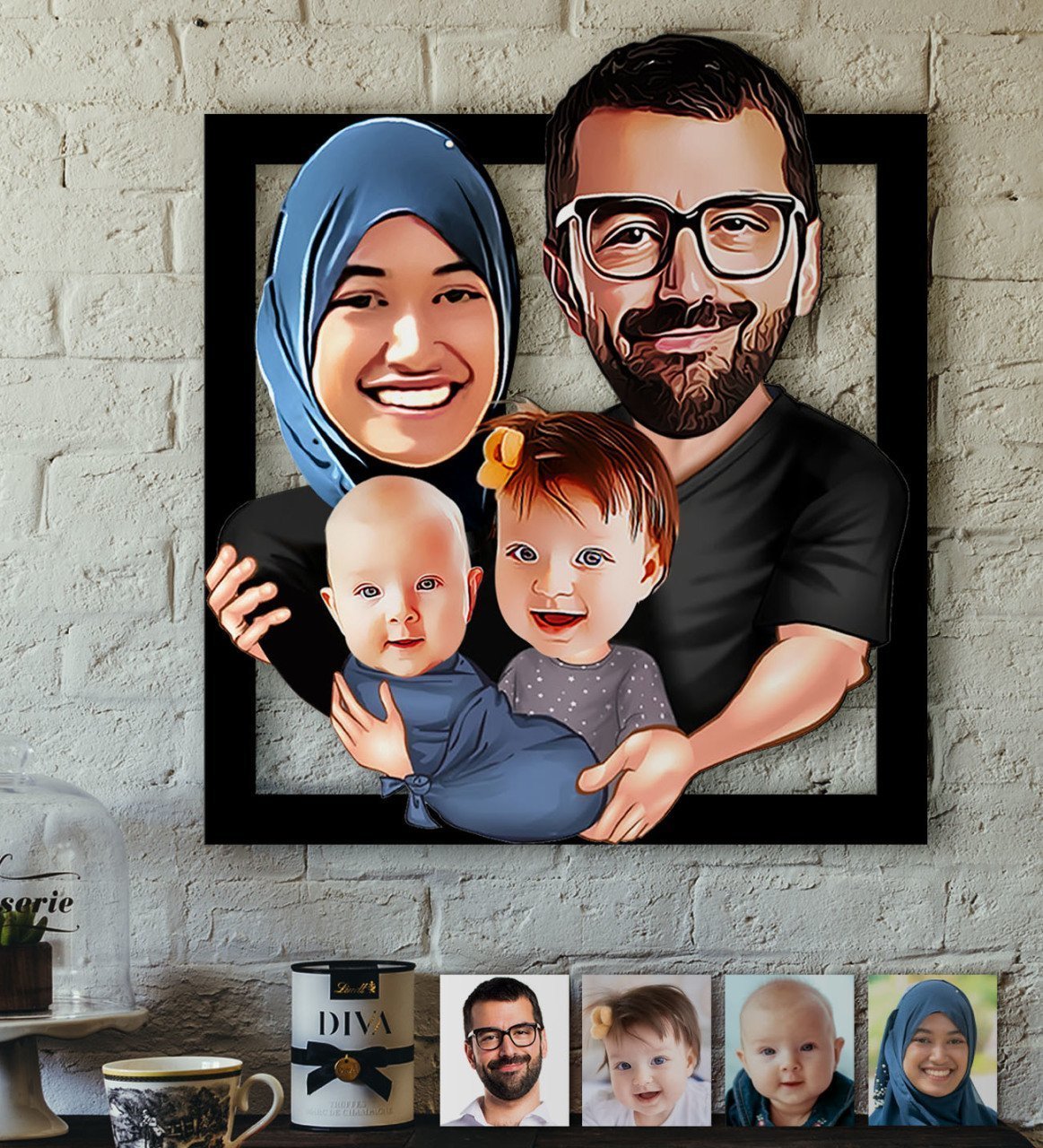 Kişiye Özel Tesettürlü Aile Karikatürlü 3D Ahşap Tablo-4