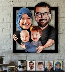 Kişiye Özel Tesettürlü Aile Karikatürlü 3D Ahşap Tablo-4
