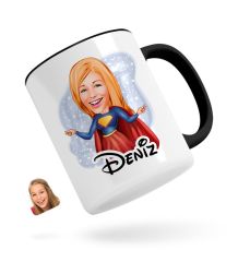 Kişiye Özel Süper Girl Karikatürlü Siyah Kupa Bardak