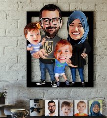 Kişiye Özel Tesettürlü Aile Karikatürlü 3D Ahşap Tablo-3