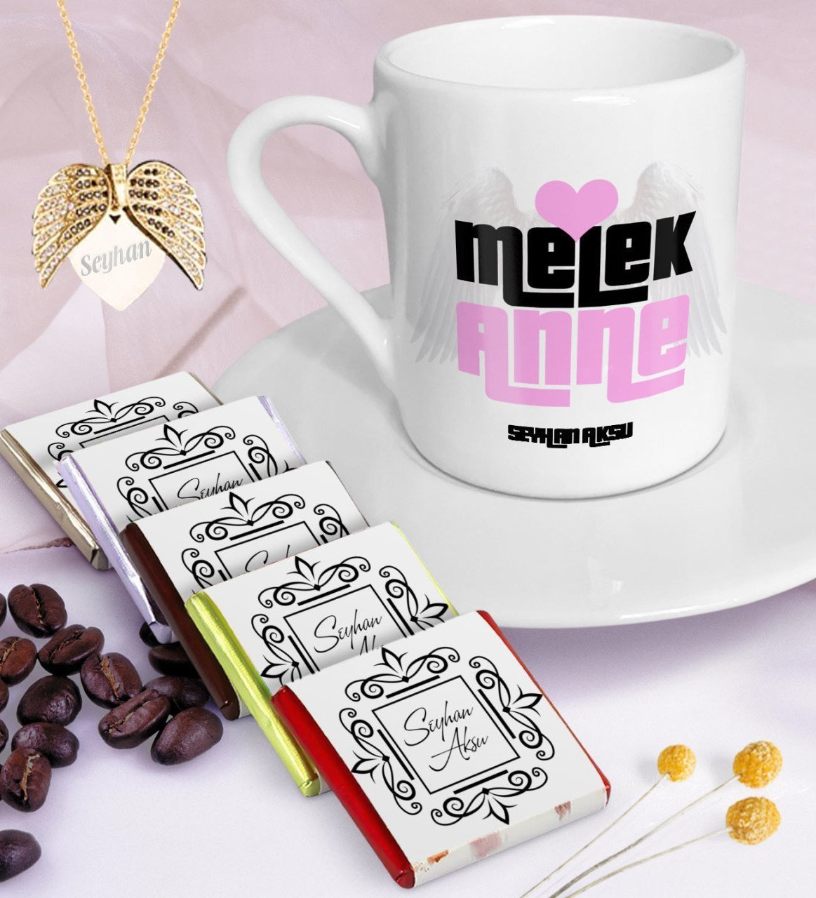 Kişiye Özel Melek Anne Kahve Fincanı Çikolata Melek Kanadı Kolye Seti