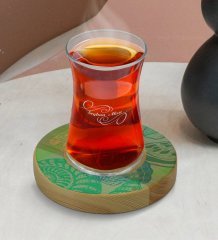 Kişiye Özel Deniz Kabukları Tasarımlı Doğal Ahşap Tabaklı Heybeli Çay Bardağı Model 1