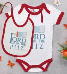 BK Kids Lord Of The Piiz Tasarımlı Kırmızı Bebek Body Zıbın ve Mama Önlüğü Hediye Seti-1