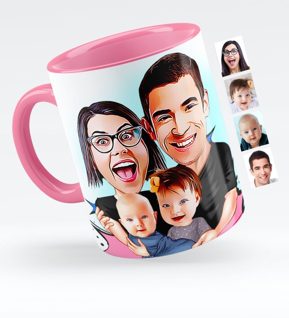 Kişiye Özel Aile Karikatürlü Pembe Kupa Bardak - 4