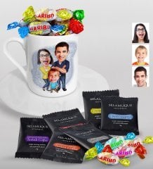 Kişiye Özel Aile Karikatürlü Türk Kahvesi Fincanı Selamlique Karışık Türk Kahvesi ve Haribo Şeker Hediye Seti-1