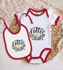 BK Kids Little Star Tasarımlı Kırmızı Bebek Body Zıbın ve Mama Önlüğü Hediye Seti-1