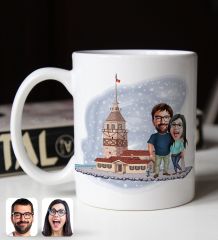 BK Gift Kişiye Özel Sevgililer Kız Kulesi Karikatürlü Beyaz Kupa Bardak-1