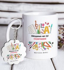 Kişiye Özel Dünyanın En İyi Öğretmeni Beyaz Kupa ve Anahtarlık Hediye Seti-13