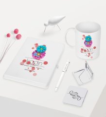 Kişiye Özel Kadınlar Günü Temalı Beyaz Defter Kalem Kupa Ayna Seti - 9