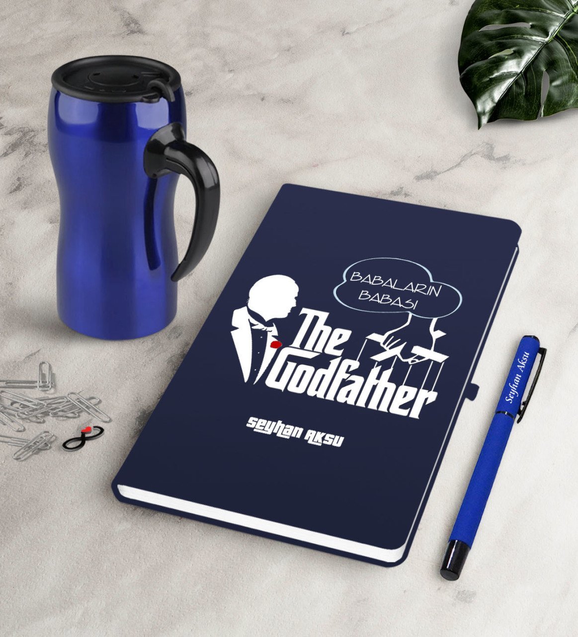 Kişiye Özel Babaların Babası Lacivert Defter Kalem Termos Mug Seti-3