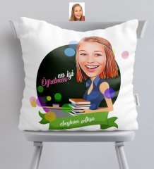 Kişiye Özel En İyi Öğretmen Karikatürlü Saten Yastık - 2