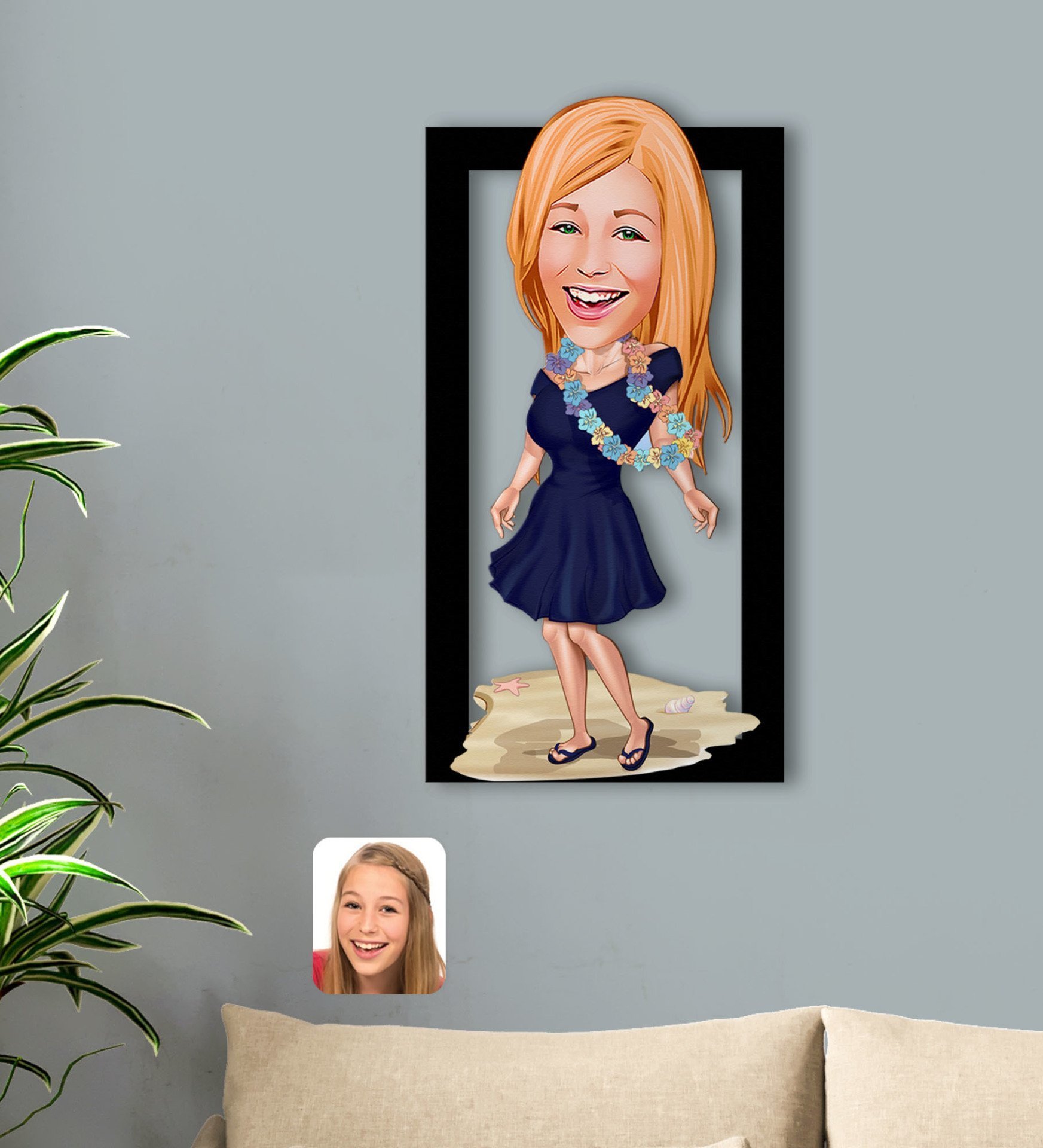 BK Gift Kişiye Özel Tatilci Kadın Karikatürlü 3D Ahşap Tablo-5