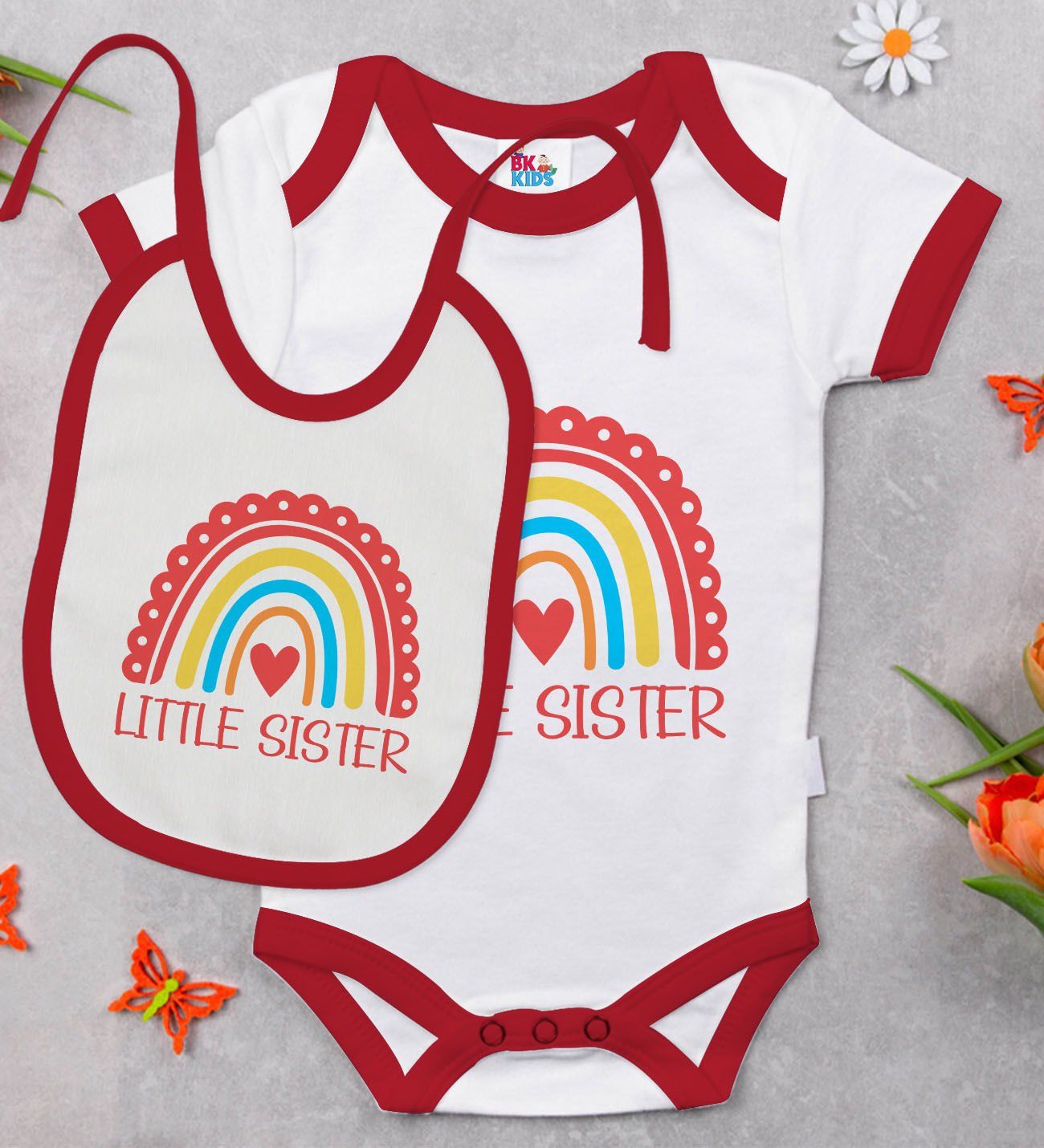 BK Kids Little Sister Tasarımlı Kırmızı Bebek Body Zıbın ve Mama Önlüğü Hediye Seti-1