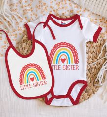 BK Kids Little Sister Tasarımlı Kırmızı Bebek Body Zıbın ve Mama Önlüğü Hediye Seti-1