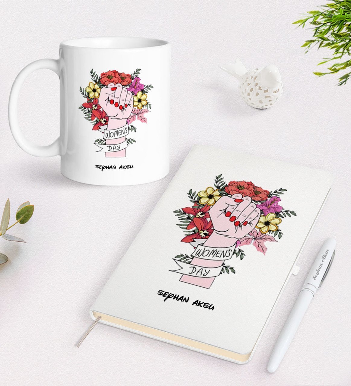 Kişiye Özel Kadınlar Günü Tasarımlı Beyaz Defter Kalem ve Kupa Seti-20